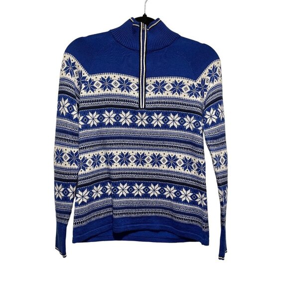 Talbots 1/4 zip Sweater Women's SIZE Medium P Blue & White Fair Isle Snowflake - Picture 1 of 4